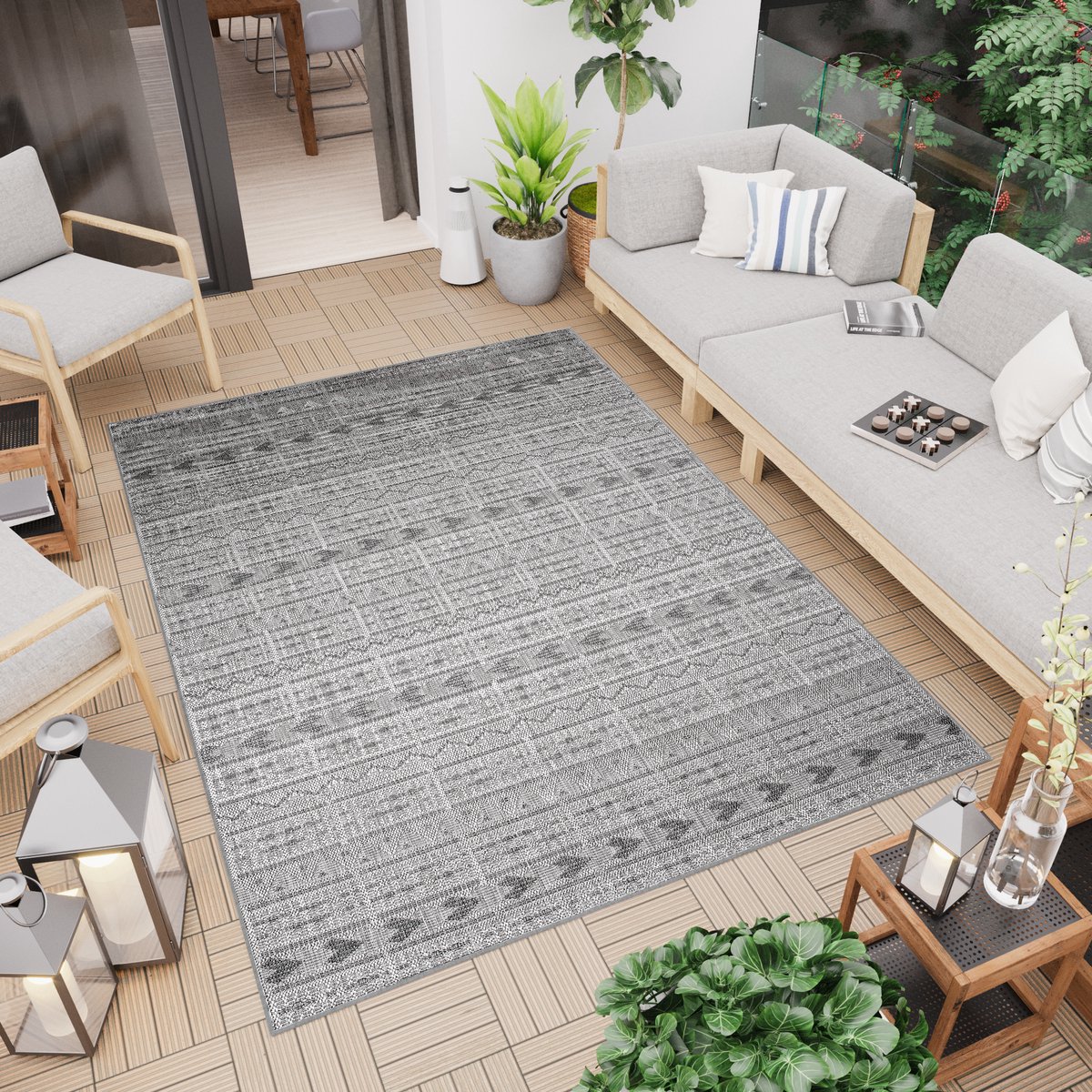 Tapiso Capri Buitenkleed Vloerkleed Tuintapijt Indoor Outdoor Binnen Buiten Maat- 140x200 Grijs 1