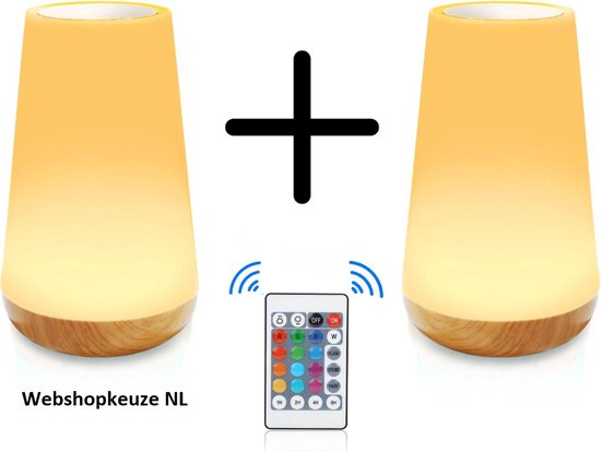 2 stuks (set) USB Oplaadbaar Nachtlampje Met Afstandsbediening, Wit Warm licht en 13 RGB kleuren - Wake-up Light - Sfeerlamp - LED verlichting - Leeslamp - Tafellamp - Bedlamp voor Baby, Kinderen & Volwassenen - Dimbaar - Touch Control - 15CM