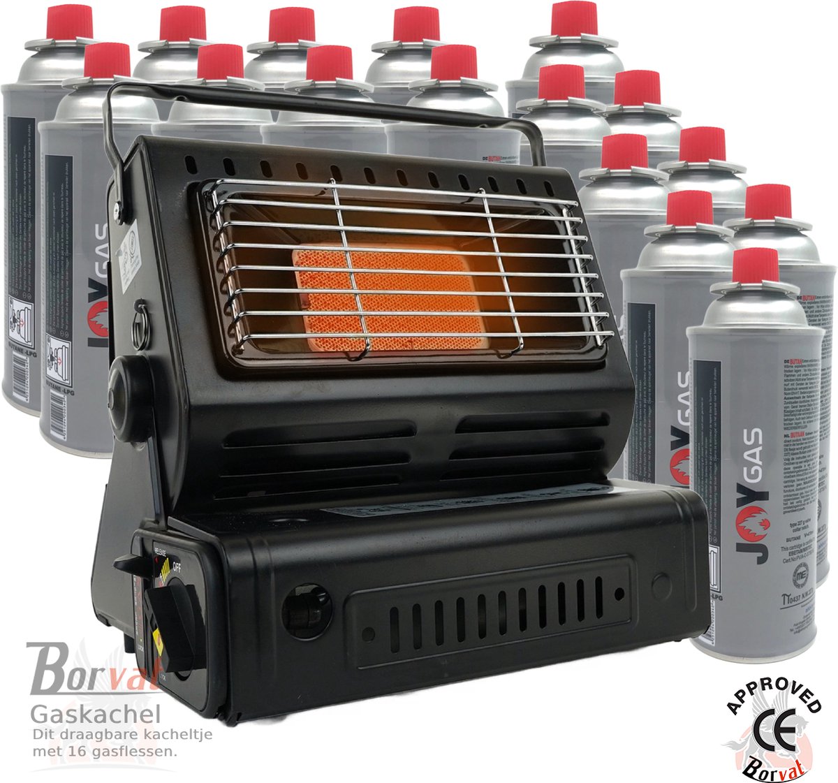 Borvat® - Gaskachel - Heater - Kachel - Inclusief 16 Gasflessen - Terrasverwarmer - Camping gaskachel - Gas Heater - Verstelbaar - Draagbaar -Zwart - Borvat®