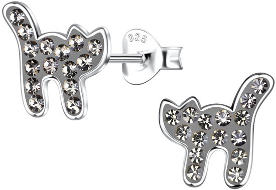 Joy|S - Zilveren kat poes oorbellen - 10 x 11 mm - black diamond grijs kristal - oorknoppen - kinderoorbellen