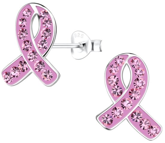Joy|S - Zilveren lintje oorbellen - 11 x 14 mm - pink ribbon - roze kristal - oorknoppen met vlindersluiting