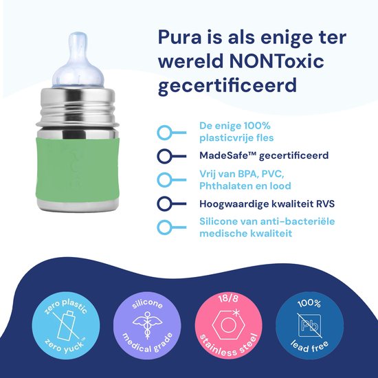 Pura Speenfles 150 ml - Plasticvrij - Drinkfles - Voorkomt Maagkrampen - Vaatwasserbestendig - Inclusief Siliconen Speen, Reisdop en Sleeve - Top is Verwisselbaar - Veelzijdig - Moss van Merkloos — afbeelding 3