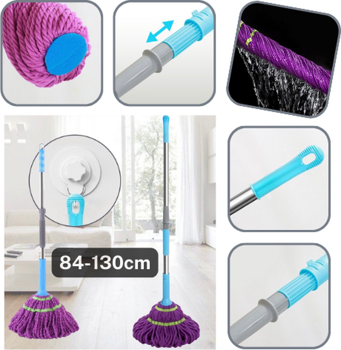 Goedkoopste 1 VLOERMOP/VLOERVEGER, Regelbaar in de Hoogte, Microvezel Franjes met Geïntegreerd Spinsysteem, Reinigt Laminaatvloeren, Vloeren en Tegels, Kleur PAARS