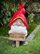 Tuinkabouter met bord 'Welcome' 44 cm hoog - magnesium - tuinkabouter - hoogkwalitatieve kunststof - decoratiefiguur - interieur - accessoire - voor binnen en buiten - cadeau - geschenk - tuinfiguur - tuinbeeldje - tuindecoratie