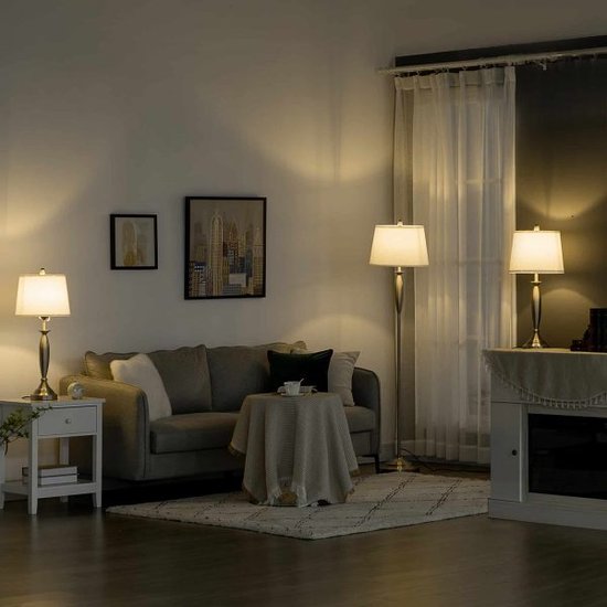 3-delige vloerlamp met 1 vloerlamp, 2 tafellichten, tafellamp ingesteld met E27-aansluiting, voor woonkamer, slaapkamer, zilver+wit