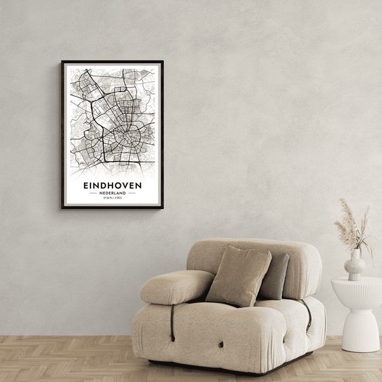 Affiche de carte de ville d'Eindhoven, Pays-Bas, en noir et blanc, encadré dans un cadre noir.
