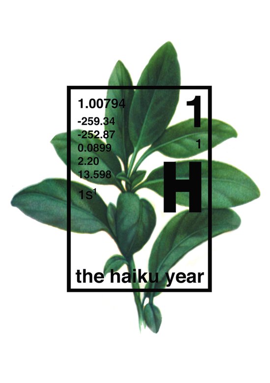 De tekst 'the haiku year' staat op een afbeelding van groene bladeren met het chemische element waterstof.
