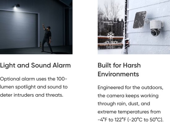 Beveiligingscamera gemonteerd op een muur in de sneeuw. "Water & Dust Proof", "Extreme temperature function -4°F-122°F".