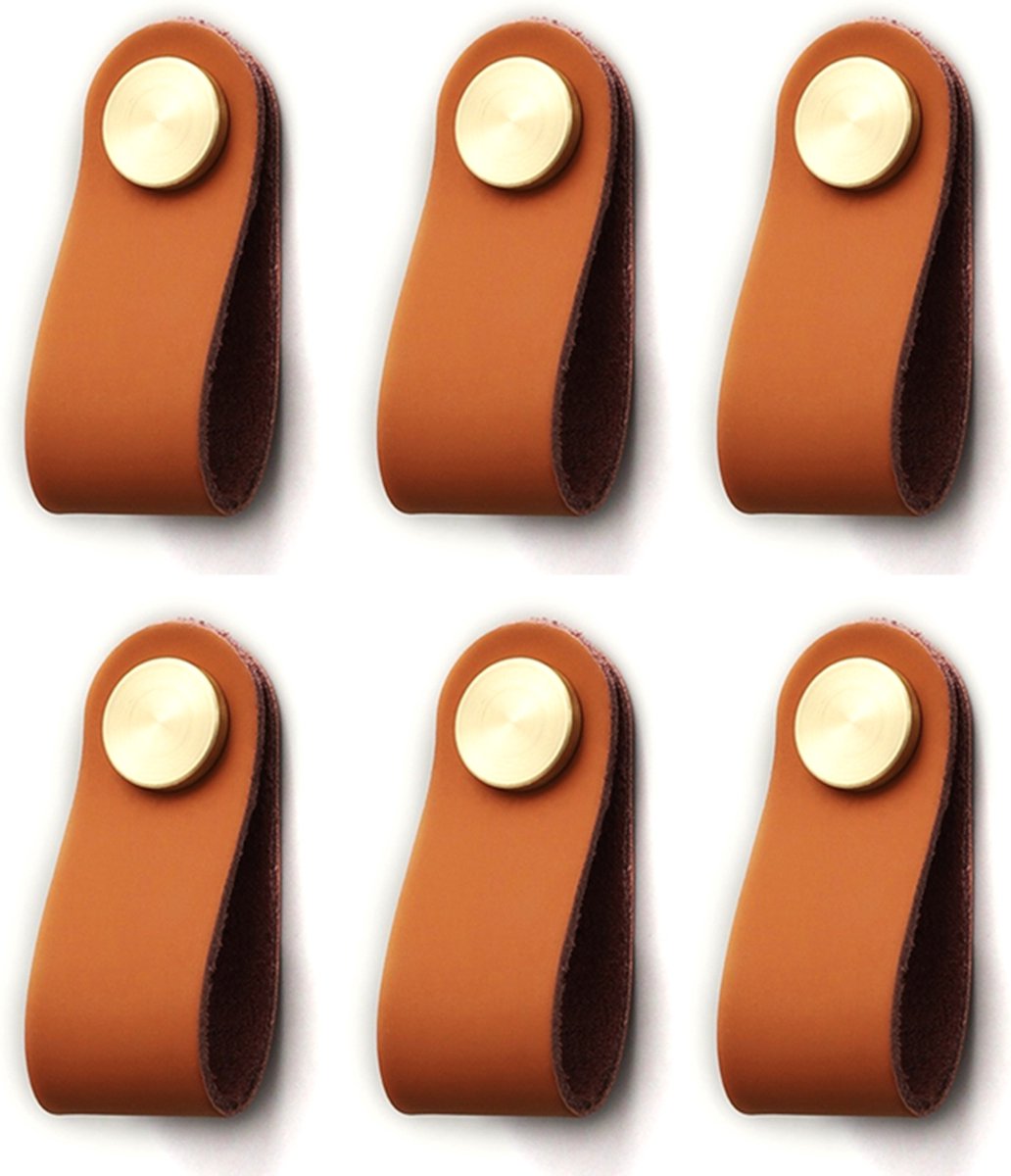 Leer Kastknop Goud Bruin - Kastknop Leer Goud - 6 stuks - Leer Deurknoppen Goud voor kasten - Deurknopjes Goud - Kastknoppen Goud - handgreep Goud - meubelknoppen Goud - Leer Meubelknoppen Goud - Meubelbeslag Goud - deurknop Goud