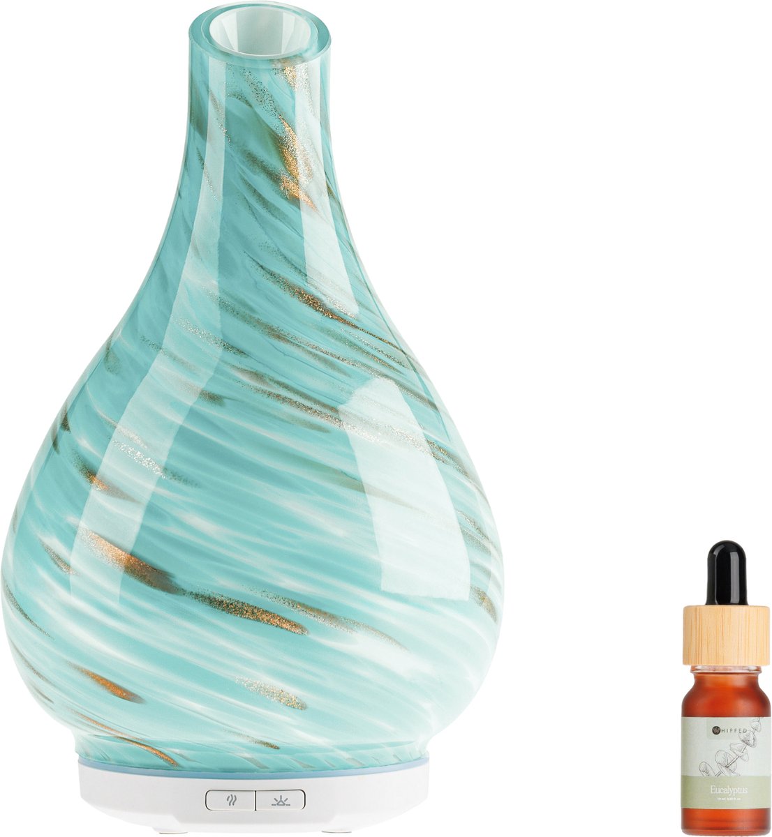 Whiffed® Luxe Aroma Diffuser Incl. Etherische olie - Eucalyptus - Geurverspreider met Glazen Design - 8 uur Aromatherapie - Tot 80m2 - Essentiële Olie Vernevelaar & Diffuser