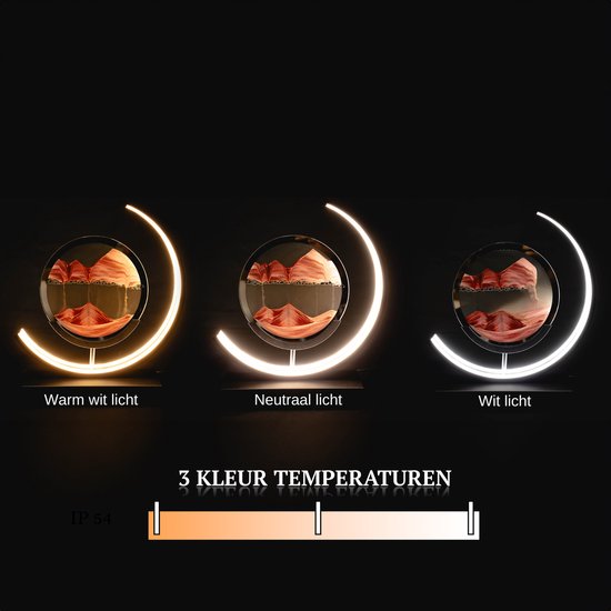 Drie identieke zandkunstlampen die de drie kleurtemperaturen laten zien: warm wit, neutraal en wit.