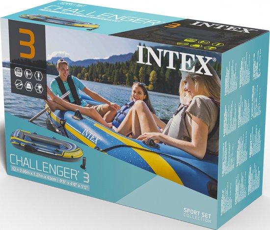 Verpakking van de Intex Challenger 3 boot set met afbeelding van mensen erop.
