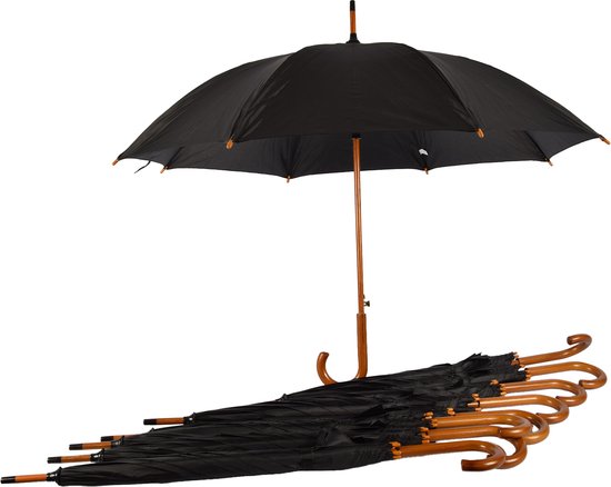 Set van 9 Zwarte Automatische Paraplu's met Houten Handvat - Aluminium Frame - Polyester Doek - 102cm Diameter – Groot Formaat voor Volwassenen