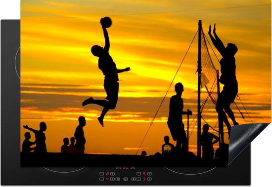 Foto: Kitchenyeah inductie beschermer 78x52 cm silhouet van een groep beach volleyballers onder een oranje lucht kookplaataccessoires afdekplaat voor kookplaat inductiebeschermer inductiemat inductieplaat mat