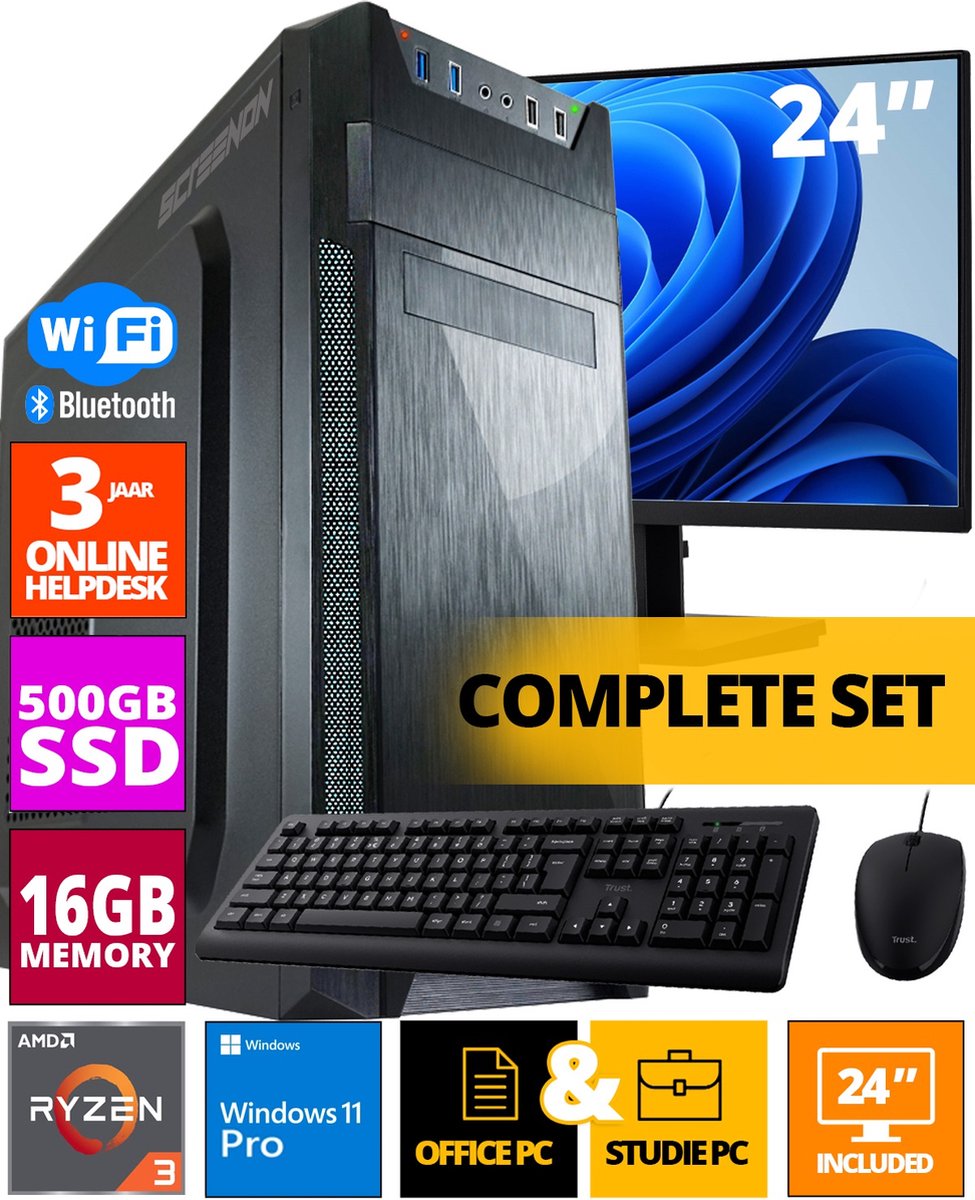Budget Office PC SET - Ryzen 3 - 500GB NVMe SSD - 16GB RAM - Radeon Vega 8 ( 24 Inch Monitor | Muis | Toetsenbord ) + WiFi & Bluetooth