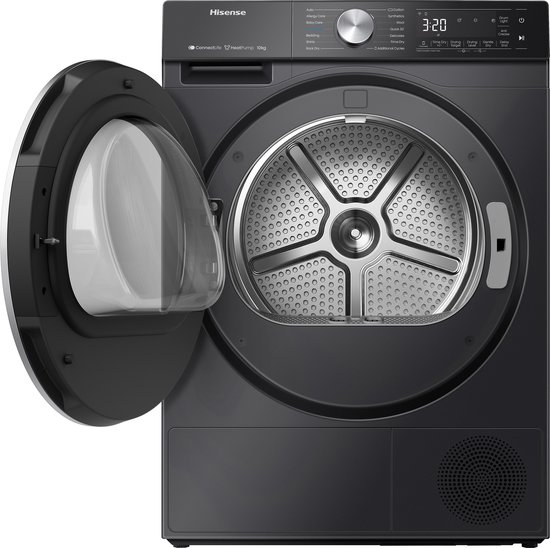 Zwarte Hisense warmtepompdroger met open deur. De transparante deur is naar links geopend en toont de metalen trommel.