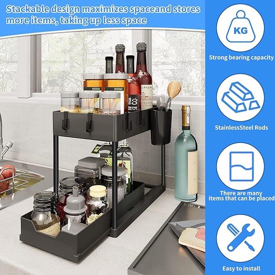Gootsteenkast Organizer - 2 Etages Rek Voor Onder De Wastafel Spoelkastorganizer Keukenorganizer Met 8 Haken 4 Hangbekers Onderkast Organizer Badkamer Keuken Tafelblad Gootsteenkast Organizer Gootsteenkast Organizer - 2 Etages Rek Voor Onder De Wastafel Spoelkastorganizer Keukenorganizer Met 8 Haken 4 Hangbekers Onderkast Organizer Badkamer Keuken Tafelblad Gootsteenkast Organizer