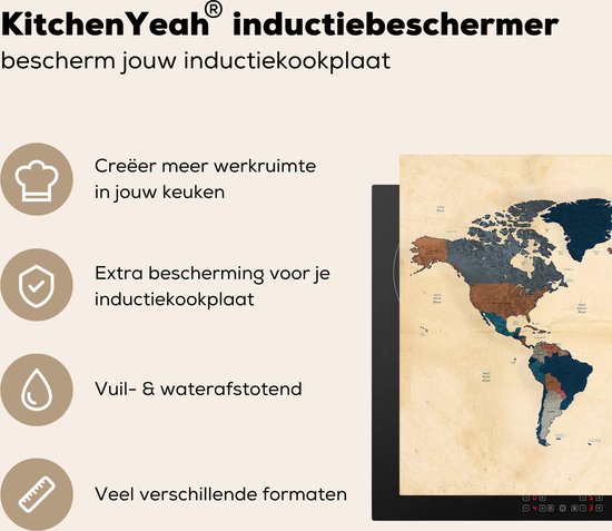 KitchenYeah® Inductie beschermer 77x51 cm - Wereldkaart - Vintage - Papyrus - Kinderen - Jongens - Meisjes - Kookplaataccessoires - Afdekplaat voor kookplaat - Inductiebeschermer - Inductiemat - Inductieplaat mat