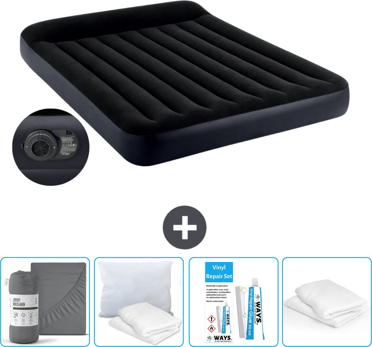 Intex Luchtbed - 2-Persoons - 152 x 203 x 25 cm - Blauw - Inclusief pomp - Hoeslaken - Kussen - Reparatieset en Kussenbeschermer