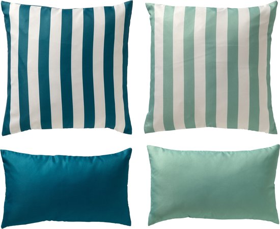Set de 4 coussins décoratifs - Collection Limited - vert clair - bleu foncé - 45x45 cm - 30x50 cm - coussins intérieurs compris - résistants aux UV et déperlants