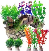 Plantes ornementales d'aquarium avec pont en arc en résine, 12 pièces Plantes vertes du Verseau en plastique et pont d'arbre décoratif pour aquarium pour Décoration d'aquarium