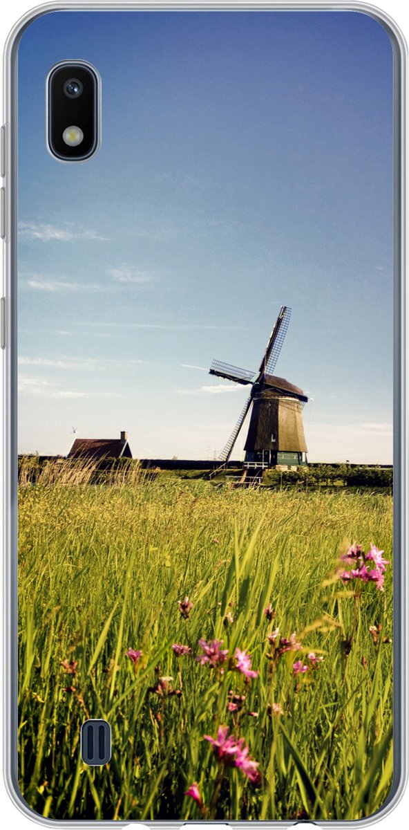 Telefoonhoesje Geschikt voor Samsung Galaxy A10 hoesje - Een molen met bloemen - Siliconen Telefoonhoesje Telefoonhoesje