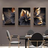 Set van 3 designer canvas poster wandschilderijen, abstract zwart gouden plantenblad canvas poster print, moderne Scandinavische decoratie, muurkunst, schilderij, afbeelding