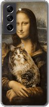 Geschikt voor Samsung Galaxy S21 FE hoesje - Mona Lisa - Kat - Leonardo da Vinci - Vintage - Kunstwerk - Oude meesters - Schilderij - Siliconen Telefoonhoesje