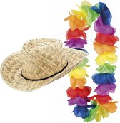 Carnaval verkleedset - Tropische Hawaii party - strohoed - en volle gekleurde bloemenslinger - voor volwassenen