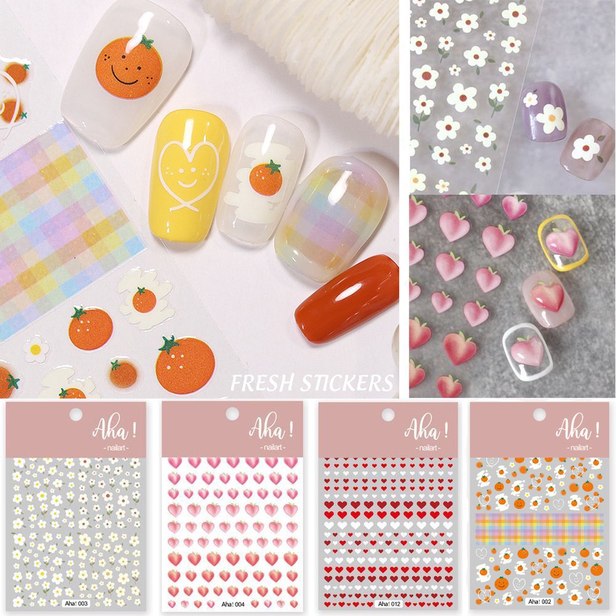 Goedkoopste Aha 4, vellen Nagel stickers - Nail Art Set Tools - Nagelstickers Bloemen , hart, perzik , sinaasappels - Nagel Decoratie - Cute kawaii stickers perfect voor lente & zomer nagels