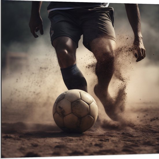 Dibond - Bal - Voetballen - Tenue - Zand - Sport - 80x80 cm Foto op Aluminium (Wanddecoratie van metaal)