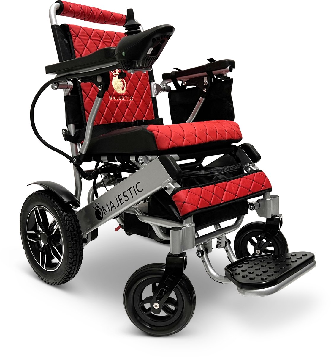 Goedkoopste COMFYGO IQ-8000 Elektrische rolstoel, Lichtgewicht, Draadloze afstandsbediening, Handmatig opvouwbaar, Niet achterover leunen, 12AH Li-ion, tot 20km, 51cm, Zilver frame & Rood leer textiel