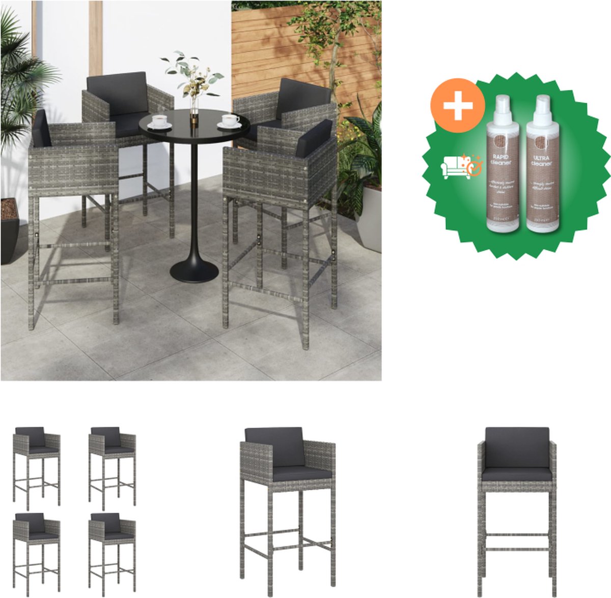 Lot De 4 Tabourets Jardin Polyrotin Gris - VidaXL | Avec Coussins | Meuble Extérieur Résistant | Salon Jardin