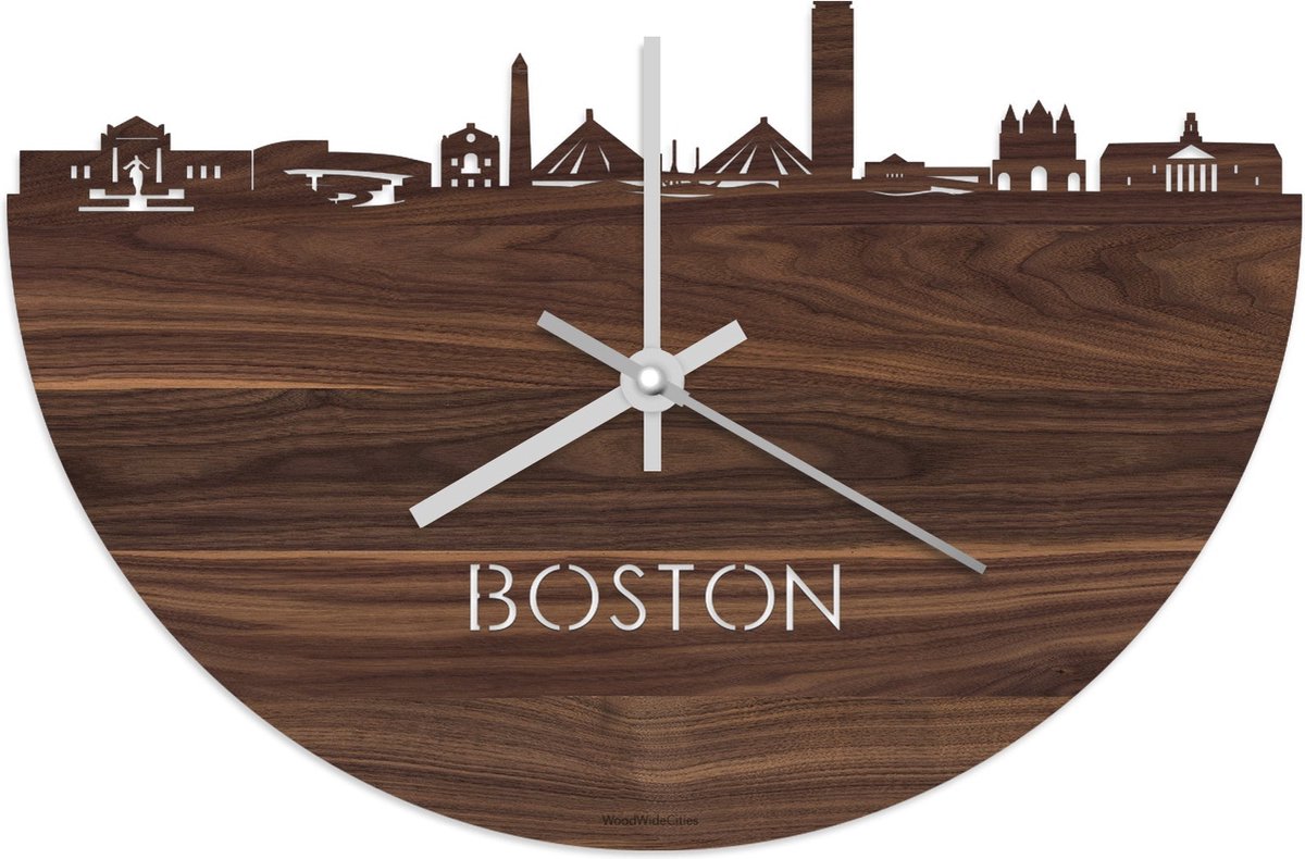 Skyline Klok Boston Notenhout - Ø 40 cm - Stil uurwerk - Wanddecoratie - Meer steden beschikbaar - Woonkamer idee - Woondecoratie - City Art - Steden kunst - Cadeau voor hem - Cadeau voor haar - Jubileum - Trouwerij - Housewarming - WoodWideCities