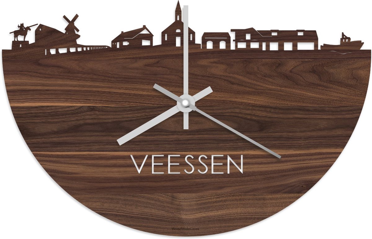Skyline Klok Veessen Notenhout - Ø 40 cm - Stil uurwerk - Wanddecoratie - Meer steden beschikbaar - Woonkamer idee - Woondecoratie - City Art - Steden kunst - Cadeau voor hem - Cadeau voor haar - Jubileum - Trouwerij - Housewarming - WoodWideCities