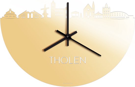 Skyline Klok Tholen Goud Metallic - Ø 40 cm - Stil uurwerk - Wanddecoratie - Meer steden beschikbaar - Woonkamer idee - Woondecoratie - City Art - Steden kunst - Cadeau voor hem - Cadeau voor haar - Jubileum - Trouwerij - Housewarming -