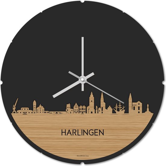 Skyline Klok Rond Harlingen Bamboe hout - Ø 44 cm - Stil uurwerk - Wanddecoratie - Meer steden beschikbaar - Woonkamer idee - Woondecoratie - City Art - Steden kunst - Cadeau voor hem - Cadeau voor haar - Jubileum - Trouwerij - Housewarming -