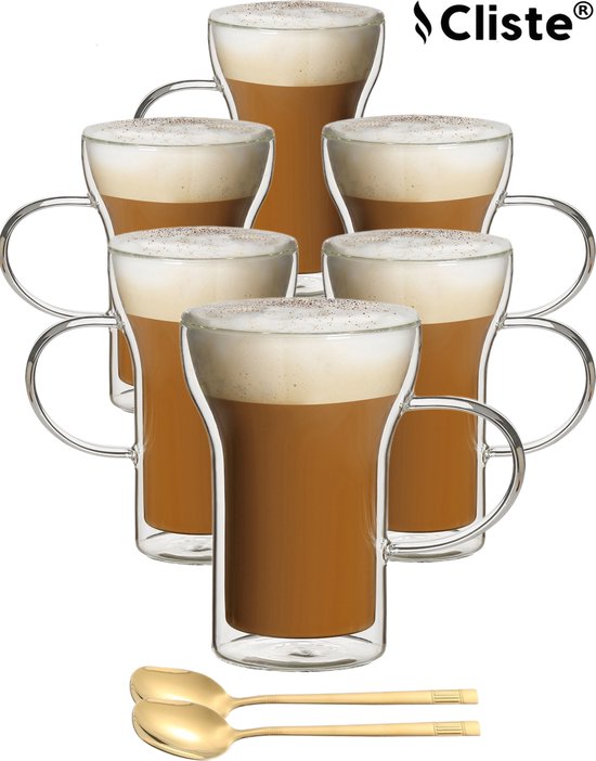 Latte Macchiato Glazen Met Oor - 400 ML - 6 Stuks - Gratis 6x Lepel - Dubbelwandige glazen - Koffieglazen - Cappuccino Glazen - Theeglazen