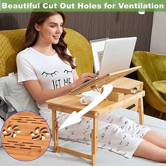 Adjustable bamboo laptop desk stand with ventilation holes, non