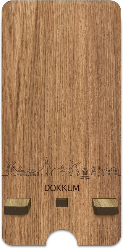 Skyline Telefoonhouder Dokkum Eikenhout - Smartphone Tablet Houder 7x15 cm - iPad / iPhone / Smartphone tafel standaard desktop - Thuis werken - Cadeau - WoodWideCities