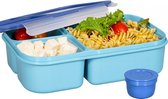 Lock&Lock Lunchbox - Bento Box - Broodtrommel - Lunchtrommel - Salade lunchbox - Met 3 Compartimenten - Met Dressing/Saus Bakje - Volwassenen en Kinderen - To Go - Lekvrij - BPA vrij - 1,5 liter - Blauw - LocknLock