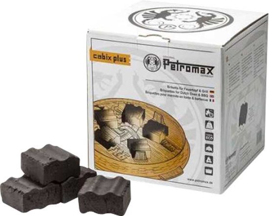 Petromax cabix plus briketten: doos met afbeelding van briketten in vuurpot en losse, golvende briketten. 3kg.