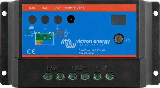 Victron BlueSolar 12/24V-10A SCC01001000 laadregelaar met blauw frontpaneel, indicatielampjes en digitale display.