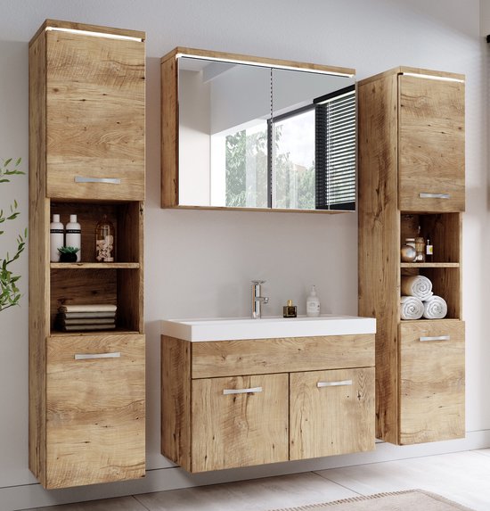 ALAN Badmeubel 120 Washed Oak 1 Lade Vrijhangend Wastafel Links 1 Kraangat Zwart