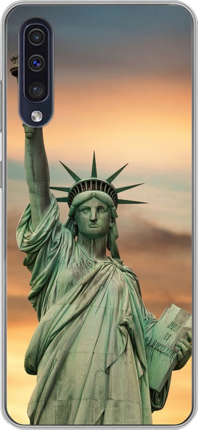 Geschikt voor Samsung Galaxy A50 hoesje - New York - Vrijheidsbeeld - Zonsondergang - Siliconen Telefoonhoesje