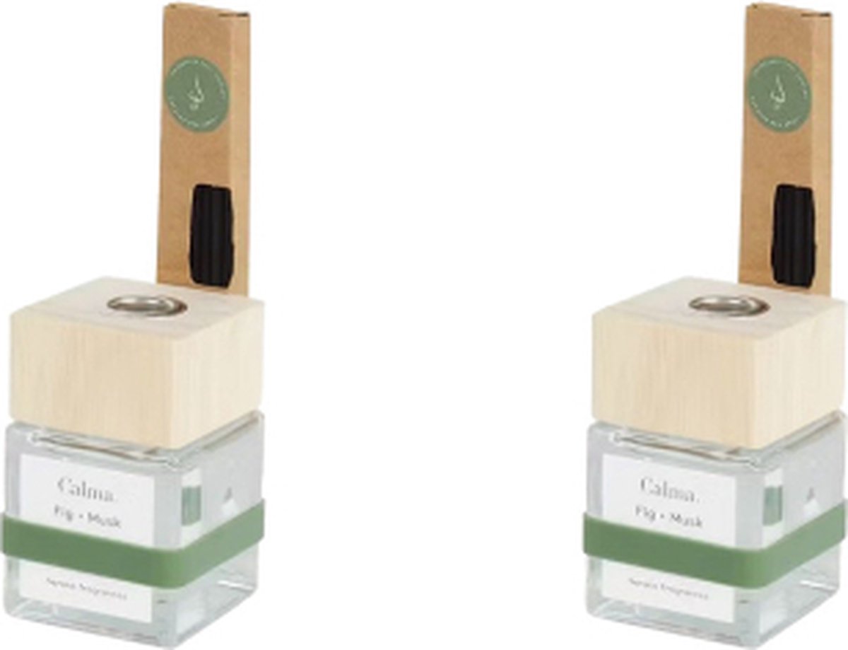 Goedkoopste Luxe Geurverspreider WOODEN CUBE - ' Fig / Musk ' - Glas / Hout - - 50 ml - Set van 2 - Geurstokjes / Diffuser met houten dop - Serene Fragrance