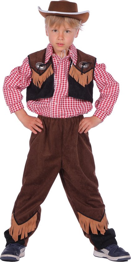 Wilbers & Wilbers - Cowboy & Cowgirl Kostuum - Kleine Schrik Van Het Wilde Westen Cowboy - Jongen - Bruin, Zwart - Maat 140 - Carnavalskleding - Verkleedkleding