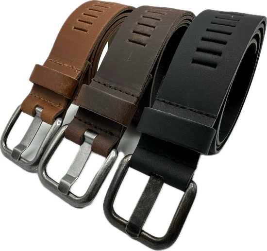 Arieszzz - Heren Riem - Leren Riem - Lederen Riem - Past Altijd - Mat Zwart 105 cm - 4 cm breed - Totale lengte 120 cm - Zwart Bruin Cognac - 3 Pack