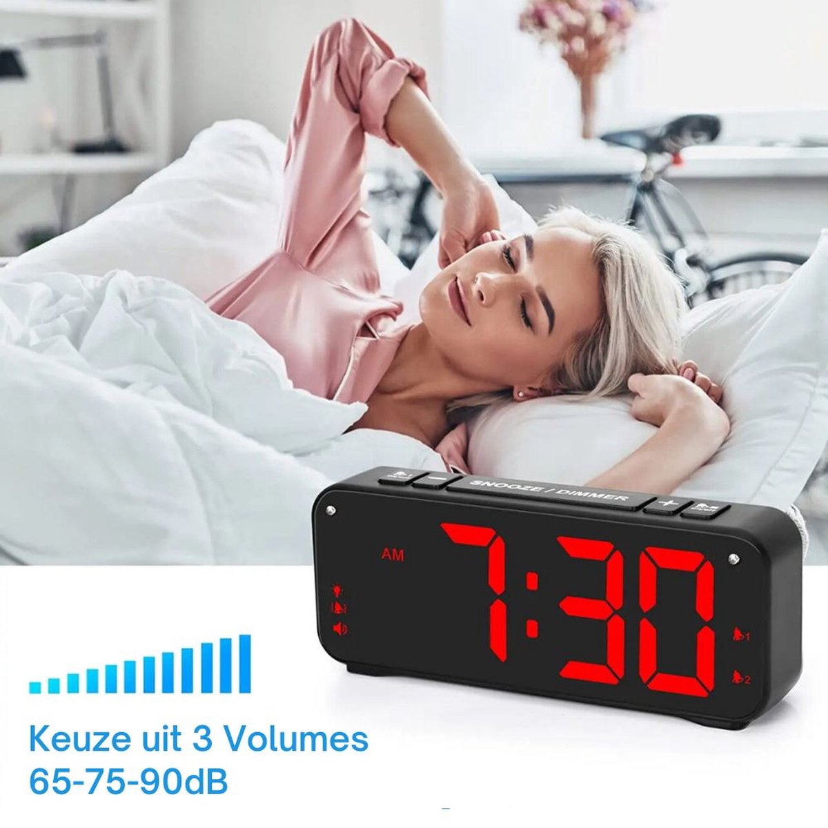 Extra Harde Wekker 115dB: Wekker voor Diep Slaapers, Telefoonoplader, Dubbele Alarm, 5 Helderheidsniveaus, 6 Opmaaktongen, 12/24Uur DST, Slummerfunctie, Netgevoede Digitale Nachtkastwekker