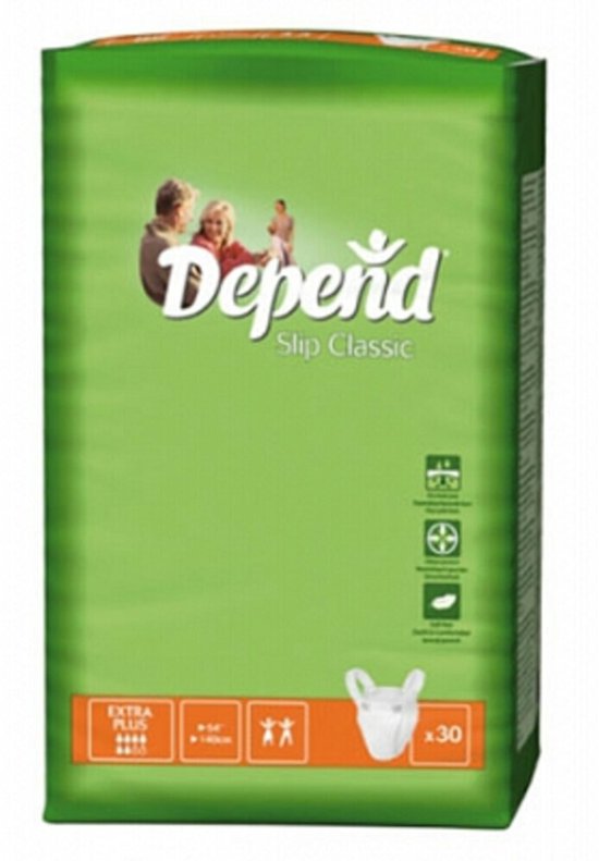 Groene verpakking van Depend Slip Extra Plus met afbeelding van drie personen en schaap.